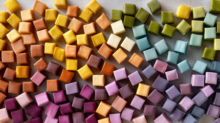 Top-down shot of organized colorful candy tiles on neutral surface.の素材
