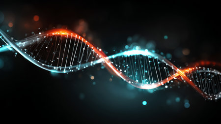 DNA double helix with water molecule on blue background. Human genetic research DNA, laboratory environment. Abstract image of human genetics, in which glowing DNA strands merge with digital elements.の素材