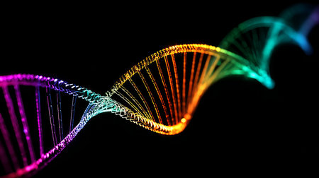 DNA double helix with water molecule on blue background. Human genetic research DNA, laboratory environment. Abstract image of human genetics, in which glowing DNA strands merge with digital elements.の素材
