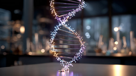 DNA double helix with water molecule on blue background. Human genetic research DNA, laboratory environment. Abstract image of human genetics, in which glowing DNA strands merge with digital elements.の素材