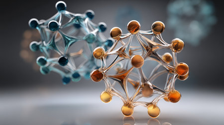 DNA double helix with water molecule on blue background. Human genetic research DNA, laboratory environment. Abstract image of human genetics, in which glowing DNA strands merge with digital elements.の素材