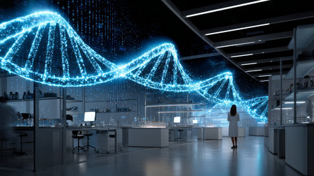 DNA double helix with water molecule on blue background. Human genetic research DNA, laboratory environment. Abstract image of human genetics, in which glowing DNA strands merge with digital elements.の素材