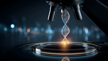 DNA double helix with water molecule on blue background. Human genetic research DNA, laboratory environment. Abstract image of human genetics, in which glowing DNA strands merge with digital elements.の素材