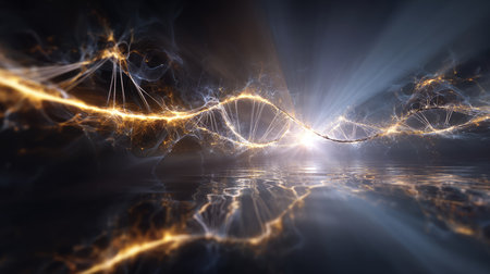 Gene Therapy for Cancer Treatment Concept Cancer therapy with T cells and DNA. Abstract image of human genetics, where glowing DNA mutation threads merge with digital elements.の素材