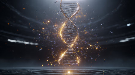Gene Therapy for Cancer Treatment Concept Cancer therapy with T cells and DNA. Abstract image of human genetics, where glowing DNA mutation threads merge with digital elements.の素材