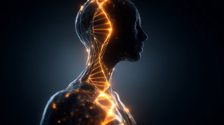 Gene Therapy for Cancer Treatment Concept Cancer therapy with T cells and DNA. Abstract image of human genetics, where glowing DNA mutation threads merge with digital elements.の素材