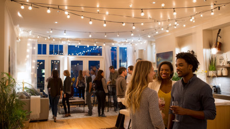Friends are sitting at table, chatting sweetly, discussing and telling news, sharing plans. Married couple celebrates housewarming party with relatives.の素材