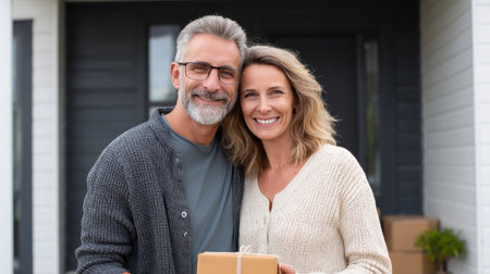 Loving couple standing in their house, hugging and smiling, being happy of buying own lodging. Cheerful young family relocating to new property, free space.の素材