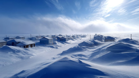 Thick snow drifts burying rooftops in isolated Arctic village. Thick snow drifts burying rooftops in isolated Arctic village.の素材
