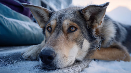 Sled dog resting with frost on its fur after long journey. Life in permafrost conditions, climate change problems on the planet. Global warming.の素材