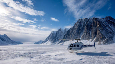 Helicopter landing on snowfield near scientific expedition base. Life in permafrost conditions, climate change problems on the planet. Global warming.の素材
