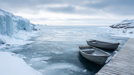 Frozen-over boat dock on icy Arctic coastline. Life in permafrost conditions, climate change problems on the planet. Global warming.の素材