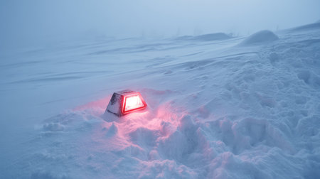 Emergency beacon glowing red in pure white snow. Life in permafrost conditions, climate change problems on the planet. Global warming.の素材
