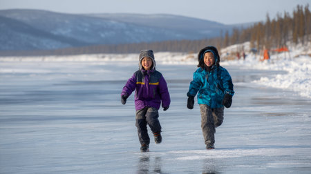 Children playing near a frozen lake in permafrost zone, bundled in colorful clothing. Life in permafrost conditions, climate change problems on the planet. Global warming.の素材