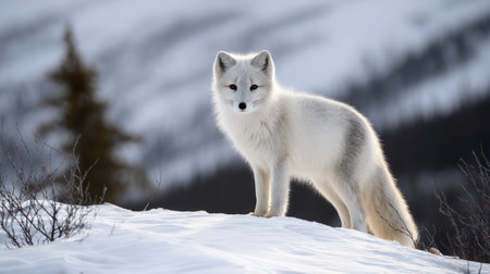 Arctic fox standing alert on a ridge above frozen tundra. Life in permafrost conditions, climate change problems on the planet. Global warming.の素材