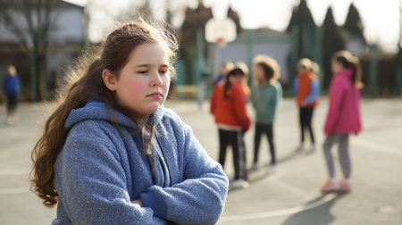 A young girl feeling left out while other children play sports, due to her weight.の素材