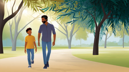 A father and son walking through a park, discussing the importance of physical activity for combating obesityの素材