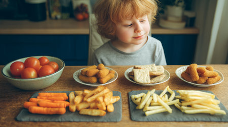 A comparison between healthy foods and unhealthy, high-calorie snacks in front of a chijd.の素材