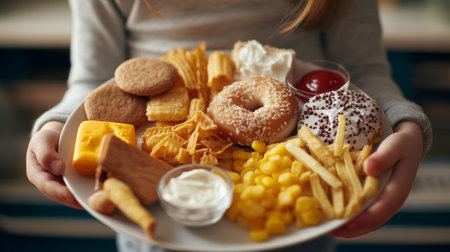 A close-up of a child's plate filled with unhealthy foods and excessive portion.の素材