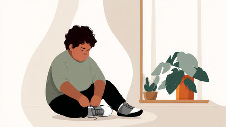 A child with obesity sitting on the floor, struggling to tie their shoes.の素材