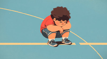 A child trying to participate in a sport, struggling due to excess weight.の素材