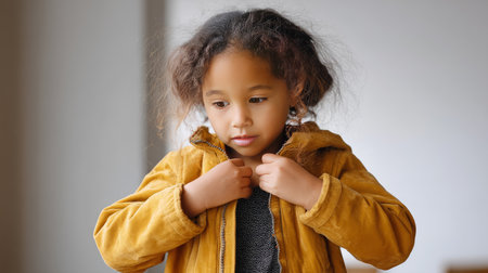 A child struggling to zip up a jacket due to their weight.の素材