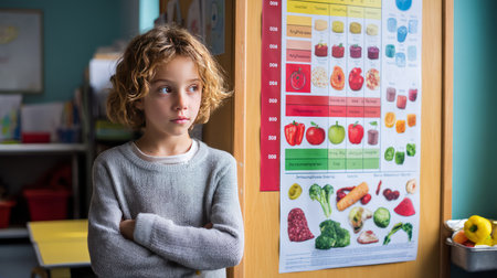 A child in a school setting, standing next to a nutrition chart showing unhealthy food choices.の素材
