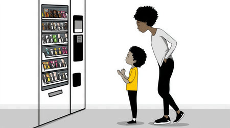 A child choosing a sugary snack at a vending machine, with a parent shaking their head in disapproval.の素材