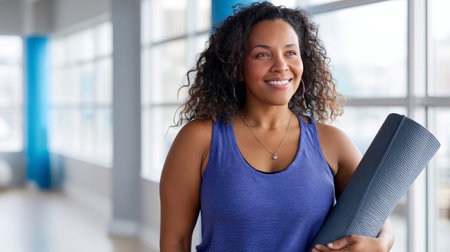 A woman with obesity holding a yoga mat, about to join a fitness class in a bright gym environment, feeling empowered.の素材