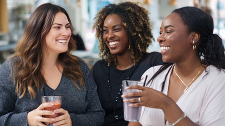A woman with obesity enjoying a healthy smoothie with friends at a local juice bar.の素材