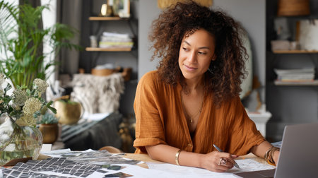 A plus-size woman working on her passion project at home, surrounded by inspirational materialsの素材