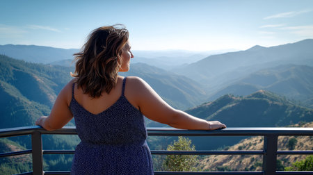 A plus-size woman enjoying a scenic view at a mountain lookout, feeling grateful for the journeyの素材
