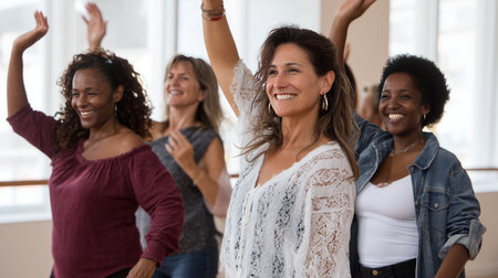A group of women, including plus-size women, having fun in a dance class, showing joy and self-confidenceの素材