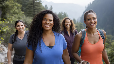 A group of friends, including plus-size women, hiking on a trail, showing diversity in body types and fitness.の素材