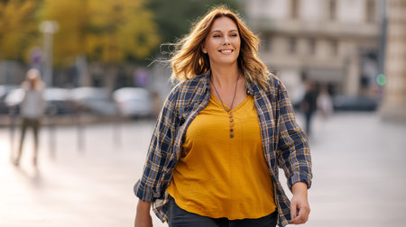 An overweight woman in her 40s walking confidently down the street, wearing stylish clothing and a smile, with city life in the background.の素材