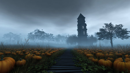 Halloween pumpkin on abandoned old road and medieval castle on the backgroundの素材