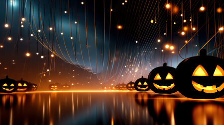 Halloween pumpkin on abandoned old road and medieval castle on the backgroundの素材