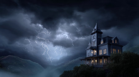 Halloween pumpkin on abandoned old road and medieval castle on the backgroundの素材