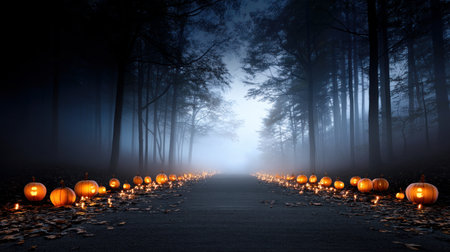 Halloween pumpkin on abandoned old road and medieval castle on the backgroundの素材