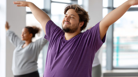 A man with obesity stretching in a yoga class, participating in fitness and well-being.の素材