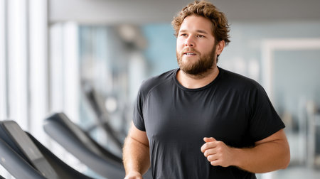A man with obesity on a treadmill, sweating but determined, focusing on fitness.の素材