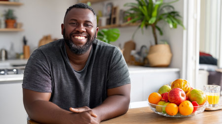A man with obesity enjoying a healthy breakfast, sitting at a kitchen table with fresh fruit.の素材