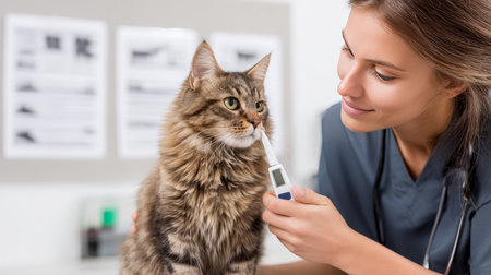 Close up of veterinarian checking cat's heart with stethoscope in clinic. Injury recovery, healthcare concept, pet treatment and prevention, trust and care. Caring for our smaller brothers.の素材