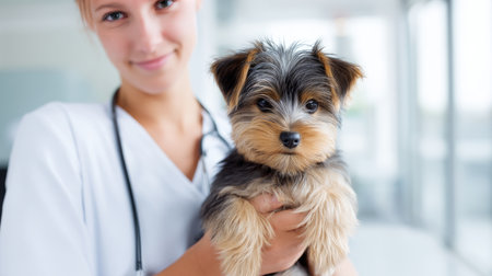 Smiling young veterinarian in blue coat holding dog providing compassionate care in modern veterinary clinic smiling at camera. Injury recovery, healthcare concept, pet treatment and prevention, trust and care. Caring for our smaller brothers.の素材