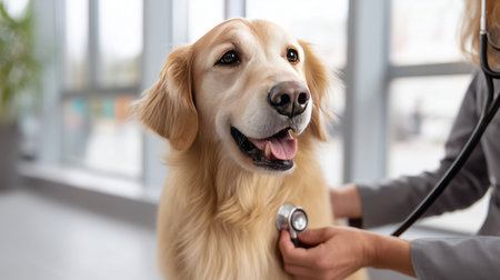 Smiling young veterinarian in blue coat holding dog providing compassionate care in modern veterinary clinic smiling at camera. Injury recovery, healthcare concept, pet treatment and prevention, trust and care. Caring for our smaller brothers.の素材
