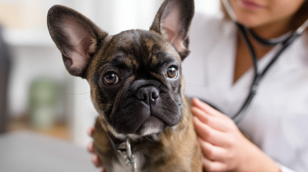 Smiling young veterinarian in blue coat holding dog providing compassionate care in modern veterinary clinic smiling at camera. Injury recovery, healthcare concept, pet treatment and prevention, trust and care. Caring for our smaller brothers.の素材