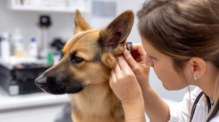 Smiling young veterinarian in blue coat holding dog providing compassionate care in modern veterinary clinic smiling at camera. Injury recovery, healthcare concept, pet treatment and prevention, trust and care. Caring for our smaller brothers.の素材
