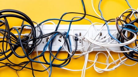 Fire in an electrical plug, socket, partition, short circuit in an electrical wire that causes the wire to catch fire. Overloading of extension cords, sockets and power lines. Danger of short circuit and fire.の素材