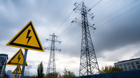 Power plant with transformers and high-voltage power lines. Top view. Sign warning of high voltage and danger.の素材