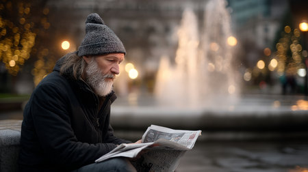 A homeless man with a beanie hat, sitting near a public fountain, reading a newspaper with the headline about the city's winter storm.の素材